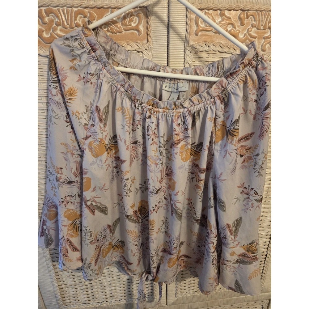 Emaline Peasant Tie Hem‎ Blouse Top Grey with Floral Pattern Bell Sleeves EUC